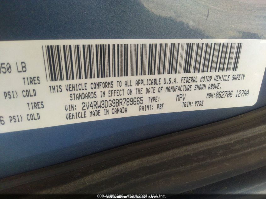 2011 Volkswagen Routan Se VIN: 2V4RW3DG9BR789665 Lot: 43182790