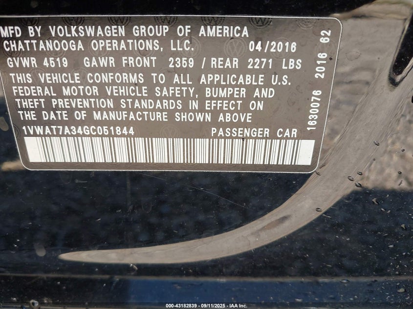 2016 VOLKSWAGEN PASSAT 1.8T R-LINE 1VWAT7A34GC051844