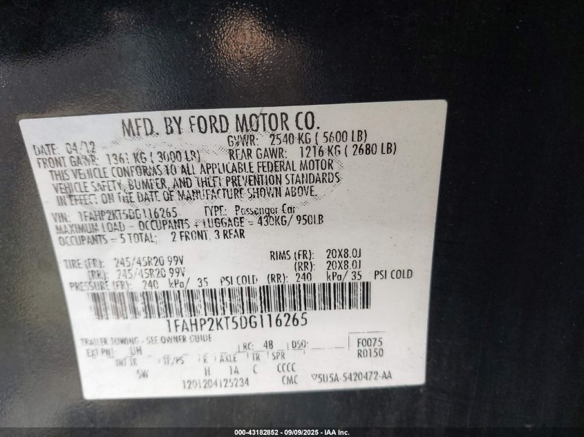 2013 Ford Taurus Sho VIN: 1FAHP2KT5DG116265 Lot: 43182852