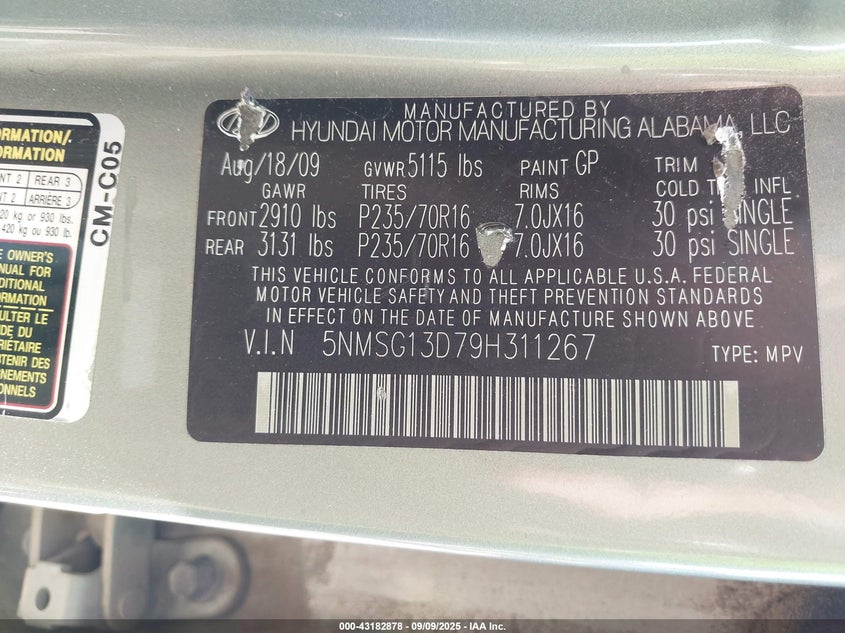 2009 Hyundai Santa Fe Gls VIN: 5NMSG13D79H311267 Lot: 43182878