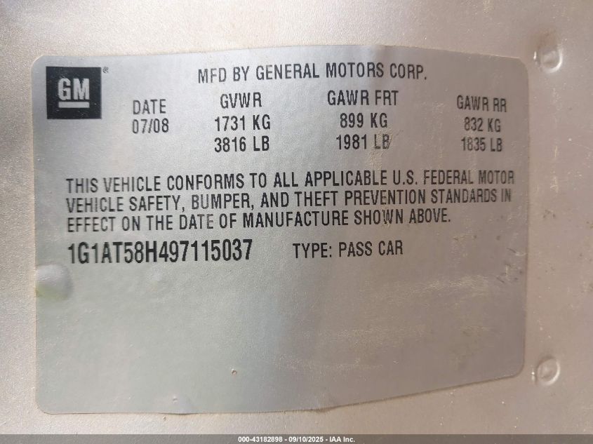 2009 Chevrolet Cobalt Lt VIN: 1G1AT58H497115037 Lot: 43182898