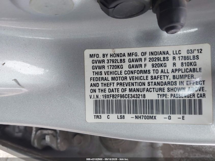 2012 Honda Civic Ex-L VIN: 19XFB2F96CE343218 Lot: 43182900