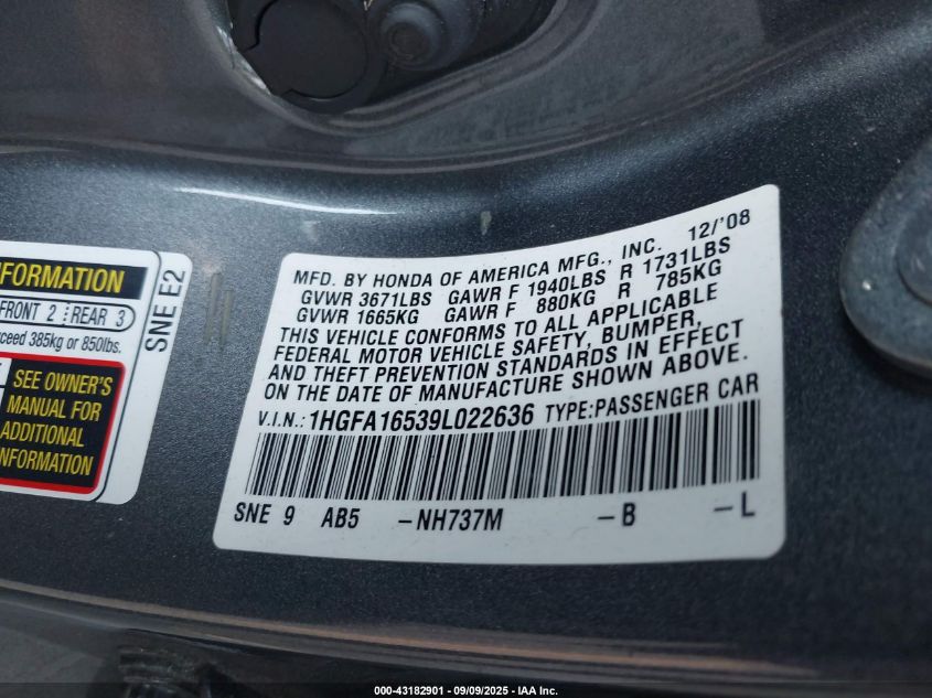 2009 Honda Civic Lx VIN: 1HGFA16539L022636 Lot: 43182901