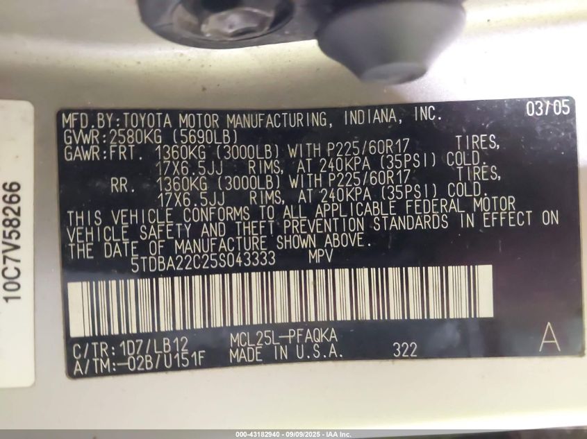 2005 Toyota Sienna Xle VIN: 5TDBA22C25S043333 Lot: 43182940