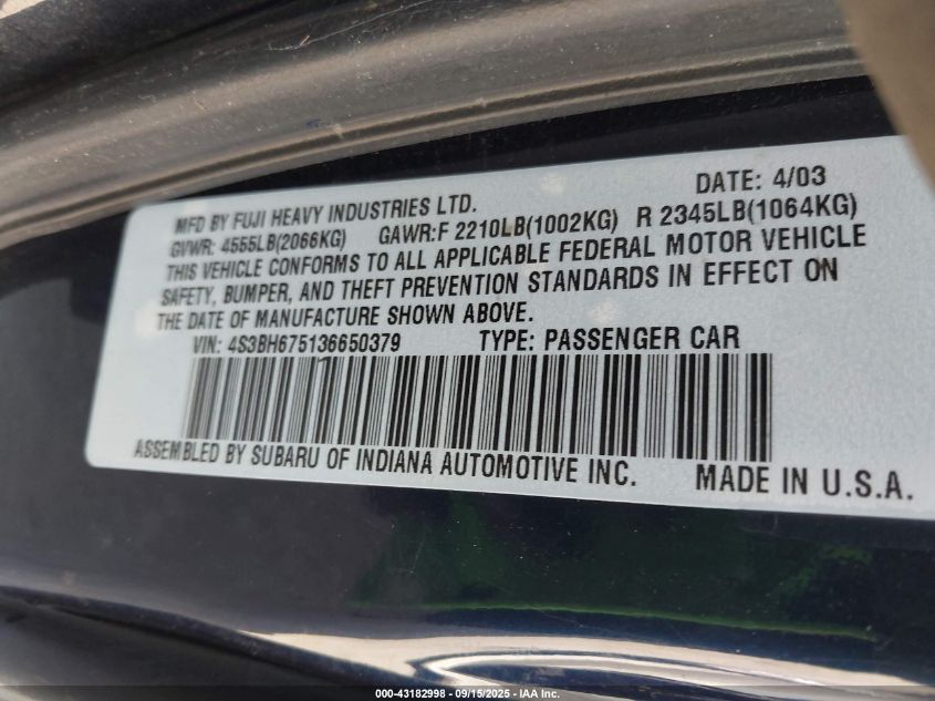 2003 Subaru Outback VIN: 4S3BH675136650379 Lot: 43182998