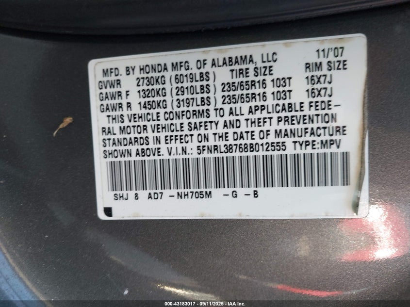 2008 Honda Odyssey Ex-L VIN: 5FNRL38768B012555 Lot: 43183017