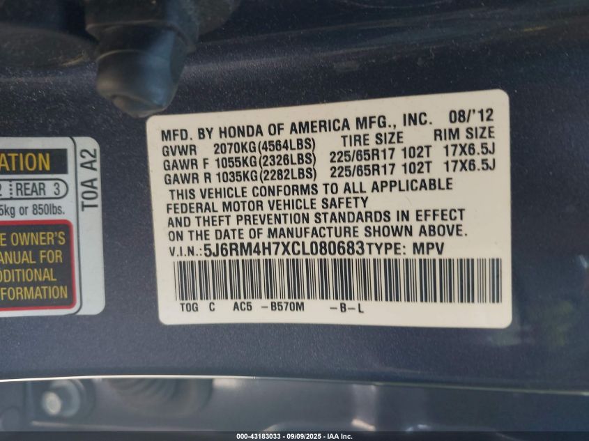 2012 Honda Cr-V Ex-L VIN: 5J6RM4H7XCL080683 Lot: 43183033