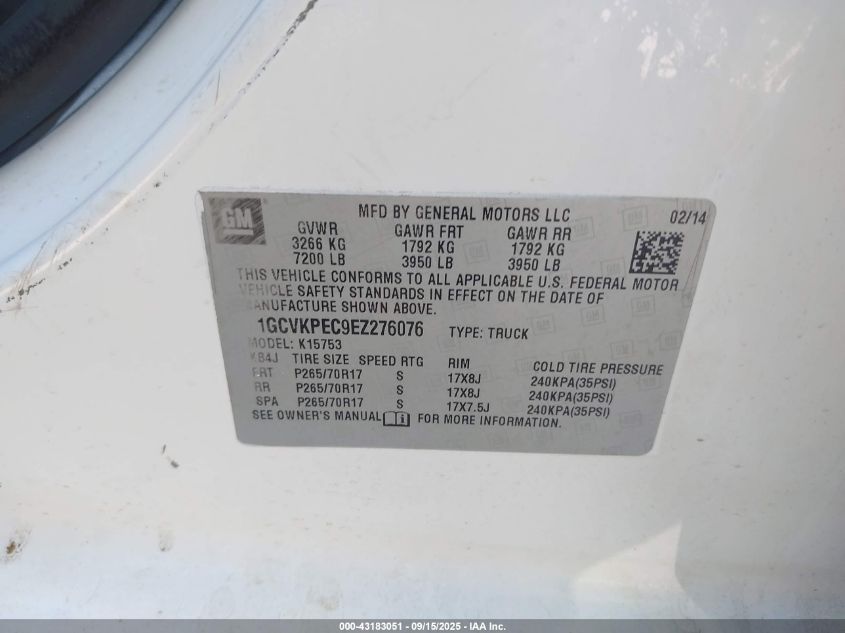 2014 Chevrolet Silverado 1500 Work Truck 2Wt VIN: 1GCVKPEC9EZ276076 Lot: 43183051