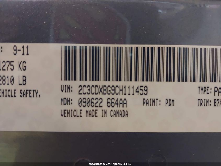 2012 Dodge Charger Se VIN: 2C3CDXBG9CH111459 Lot: 43183054