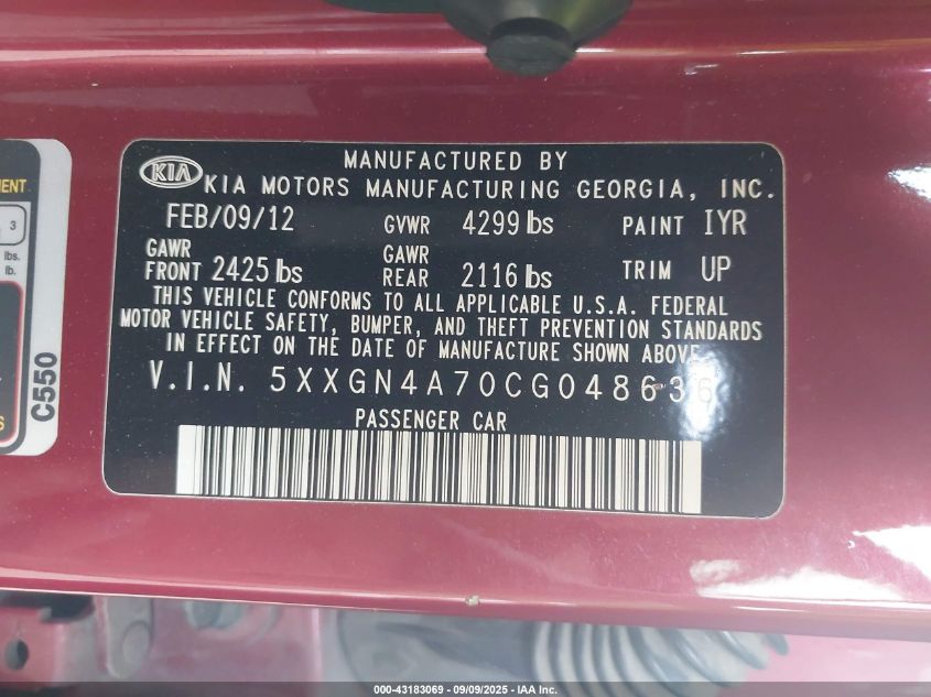 2012 Kia Optima Ex VIN: 5XXGN4A70CG048636 Lot: 43183069