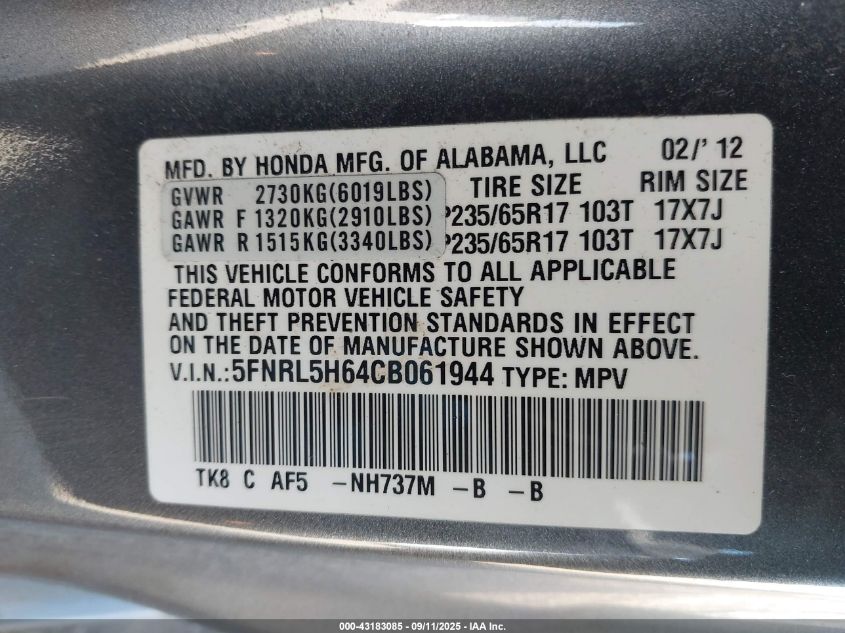 2012 Honda Odyssey Ex-L VIN: 5FNRL5H64CB061944 Lot: 43183085