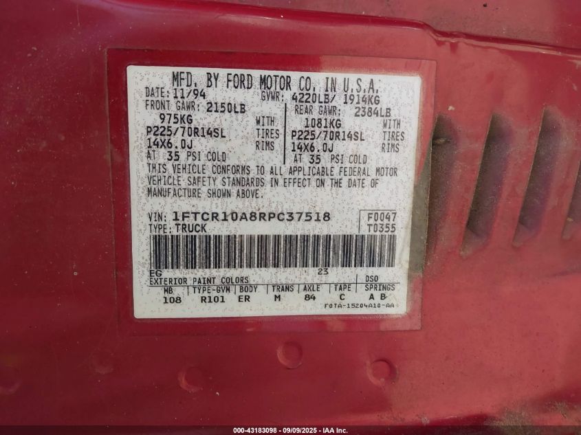 1994 Ford Ranger VIN: 1FTCR10A8RPC37518 Lot: 43183098