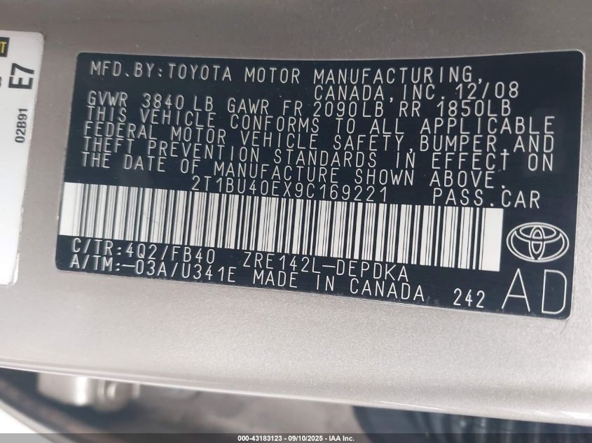 2009 Toyota Corolla Le VIN: 2T1BU40EX9C169221 Lot: 43183123