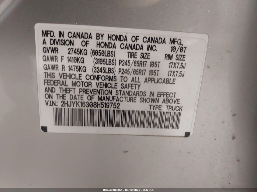 2008 Honda Ridgeline Rtx VIN: 2HJYK16308H519752 Lot: 43183151