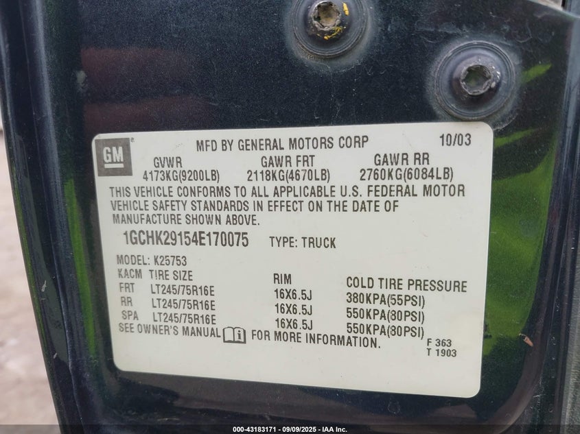 2004 Chevrolet Silverado 2500Hd Ls VIN: 1GCHK29154E170075 Lot: 43183171