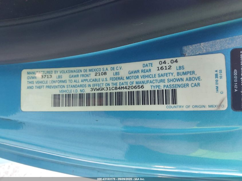 2004 Volkswagen New Beetle Coupe VIN: 3VWGK31C84M420656 Lot: 43183175