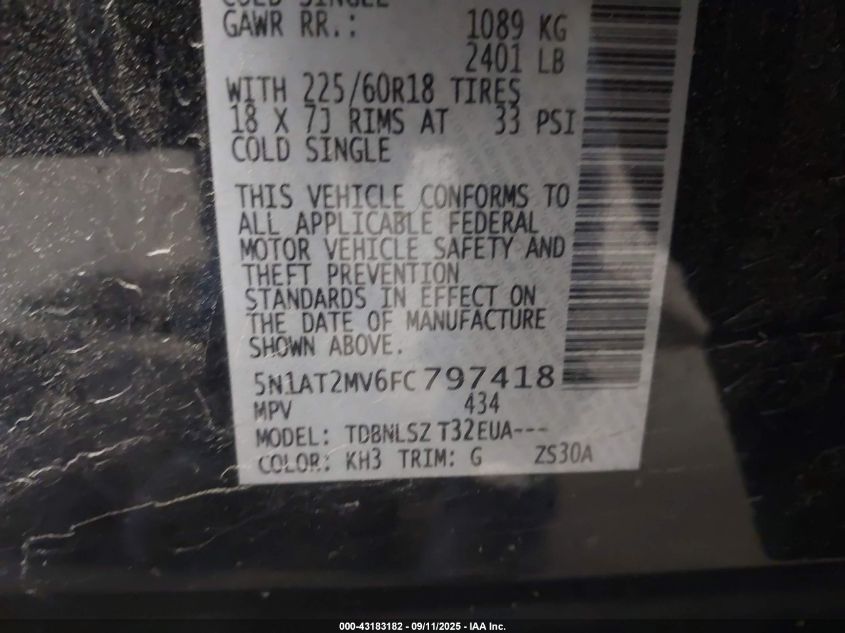 2015 Nissan Rogue Sl VIN: 5N1AT2MV6FC797418 Lot: 43183182