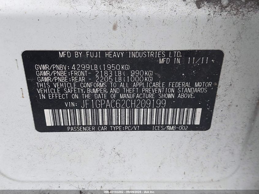 2012 Subaru Impreza 2.0I Premium VIN: JF1GPAC62CH209199 Lot: 43183202