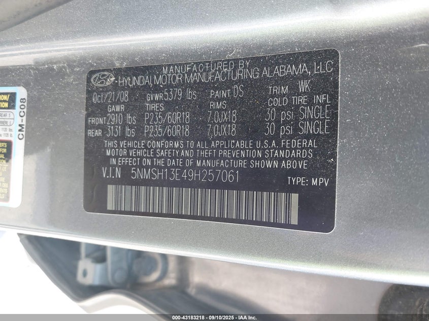 2009 Hyundai Santa Fe Limited VIN: 5NMSH13E49H257061 Lot: 43183218