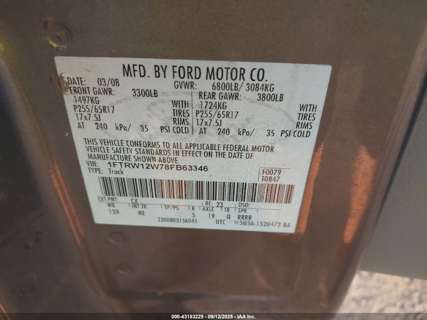 2008 Ford F-150 60Th Anniversary/Fx2/Xl/Xlt VIN: 1FTRW12W78FB63346 Lot: 43183229
