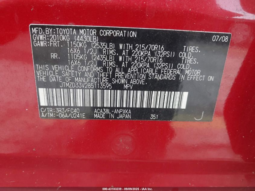 2008 Toyota Rav4 VIN: JTMZD33V285113595 Lot: 43183239