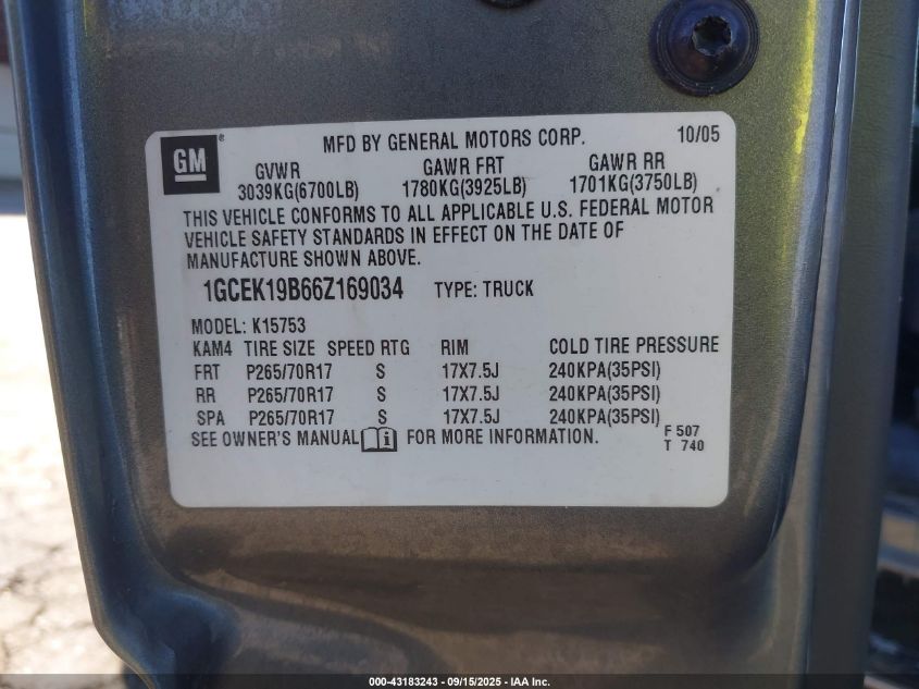 2006 Chevrolet Silverado 1500 Lt1 VIN: 1GCEK19B66Z169034 Lot: 43183243