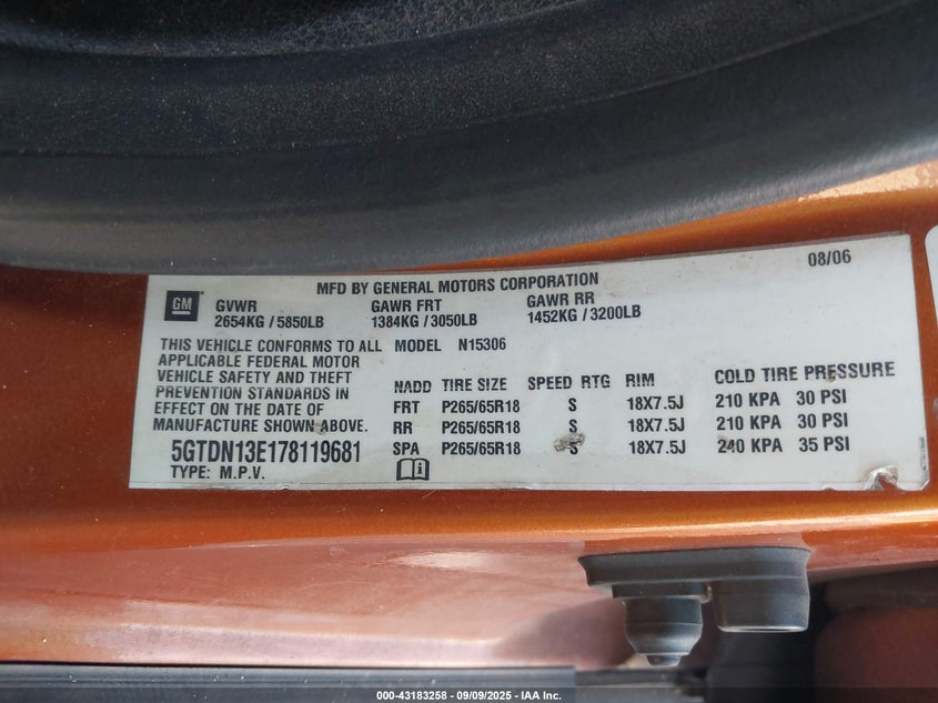 2007 Hummer H3 VIN: 5GT4N13E178119681 Lot: 43183258