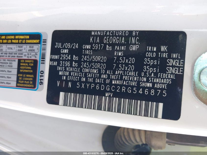 2024 Kia Telluride S VIN: 5XYP6DGC2RG546875 Lot: 43183276