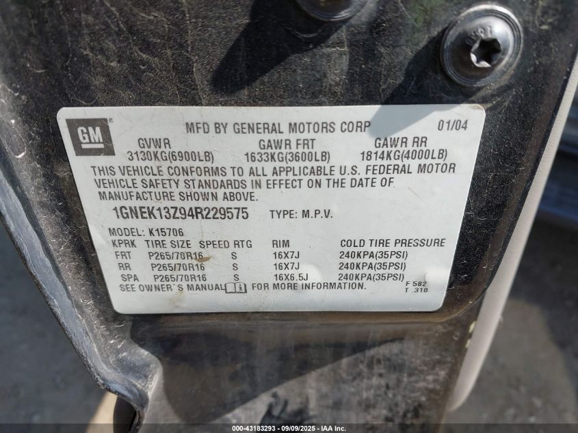 2004 Chevrolet Tahoe Ls VIN: 1GNEK13Z94R229575 Lot: 43183293