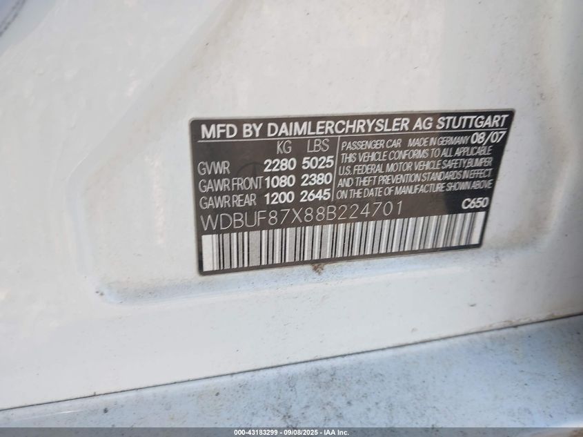 2008 Mercedes-Benz E 350 4Matic VIN: WDBUF87X88B224701 Lot: 43183299