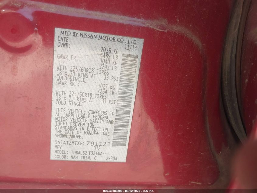 2015 Nissan Rogue Sl VIN: 5N1AT2MTXFC791121 Lot: 43183300