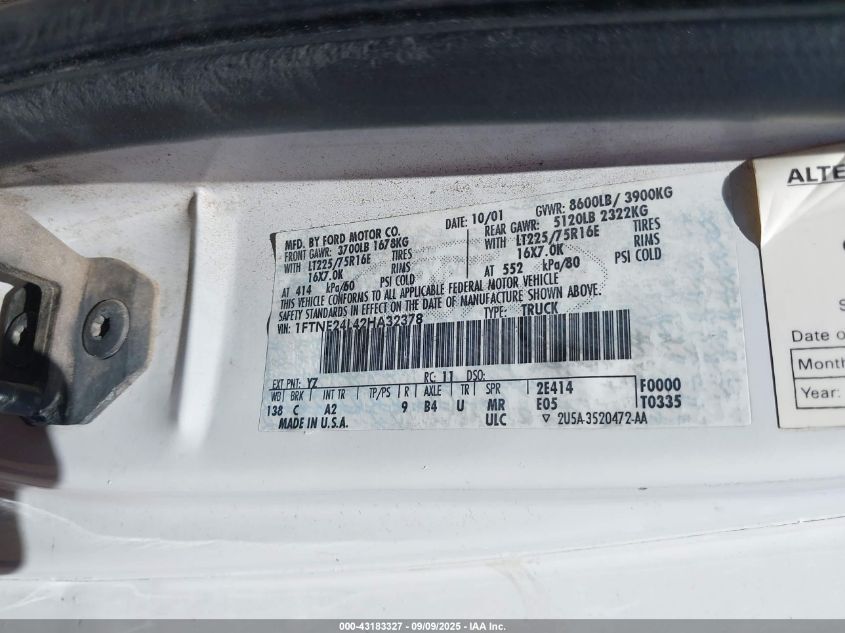 2002 Ford E-250 Commercial/Recreational VIN: 1FTNE24L42HA32378 Lot: 43183327