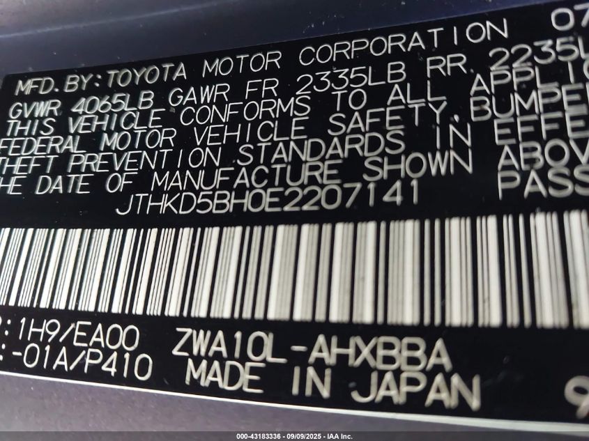 2014 Lexus Ct 200H VIN: JTHKD5BH0E2207141 Lot: 43183336