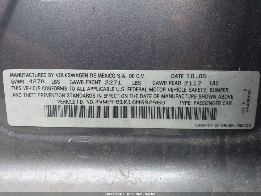 2006 Volkswagen Jetta Value Edition VIN: 3VWPF81K16M692980 Lot: 43183373