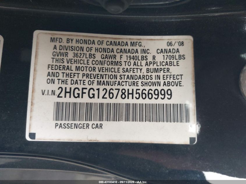 2008 Honda Civic Lx VIN: 2HGFG12678H566999 Lot: 43183410