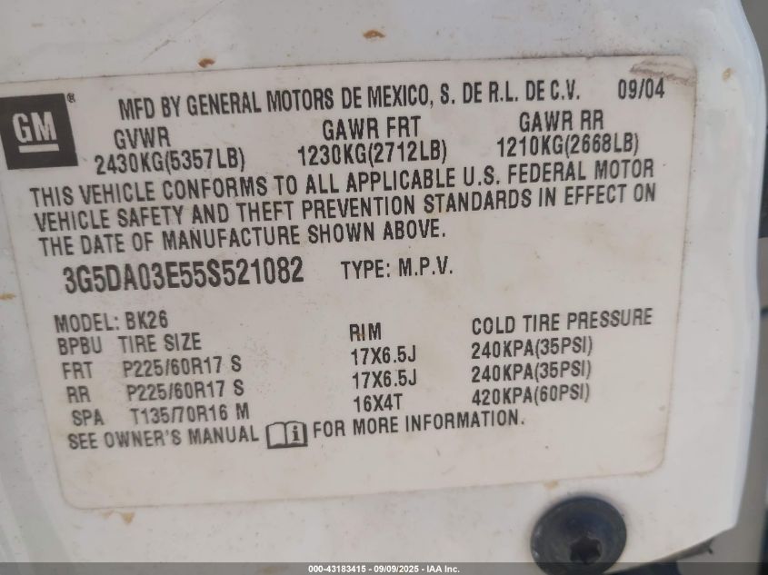 2005 Buick Rendezvous Cx VIN: 3G5DA03E55S521082 Lot: 43183415