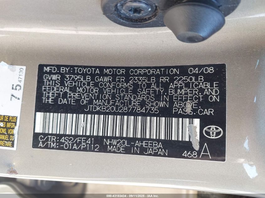 2008 Toyota Prius Standard VIN: JTDKB20U287784735 Lot: 43183434