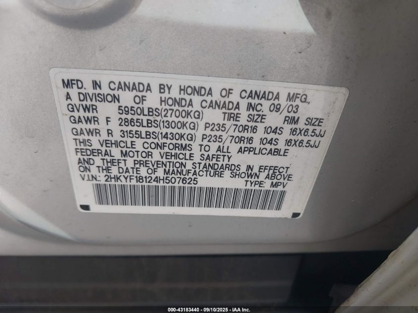 2004 Honda Pilot Lx VIN: 2HKYF18124H507625 Lot: 43183440