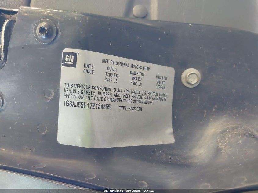 2007 Saturn Ion Ion 2 VIN: 1G8AJ55F17Z134365 Lot: 43183446