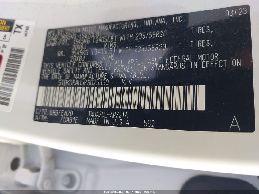 2023 Toyota Highlander Xse VIN: 5TDKDRAH5PS025330 Lot: 43183458