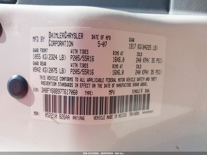 2007 Chrysler Pt Cruiser Limited VIN: 3A8FY68B97T617060 Lot: 43183500