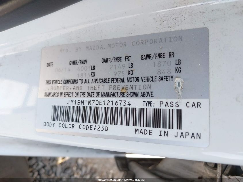 2014 Mazda Mazda3 I Grand Touring VIN: JM1BM1M70E1216734 Lot: 43183526