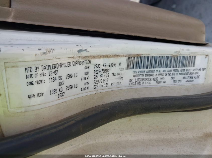 2003 Jeep Grand Cherokee Laredo VIN: 1J8GX48S83C614698 Lot: 43183533