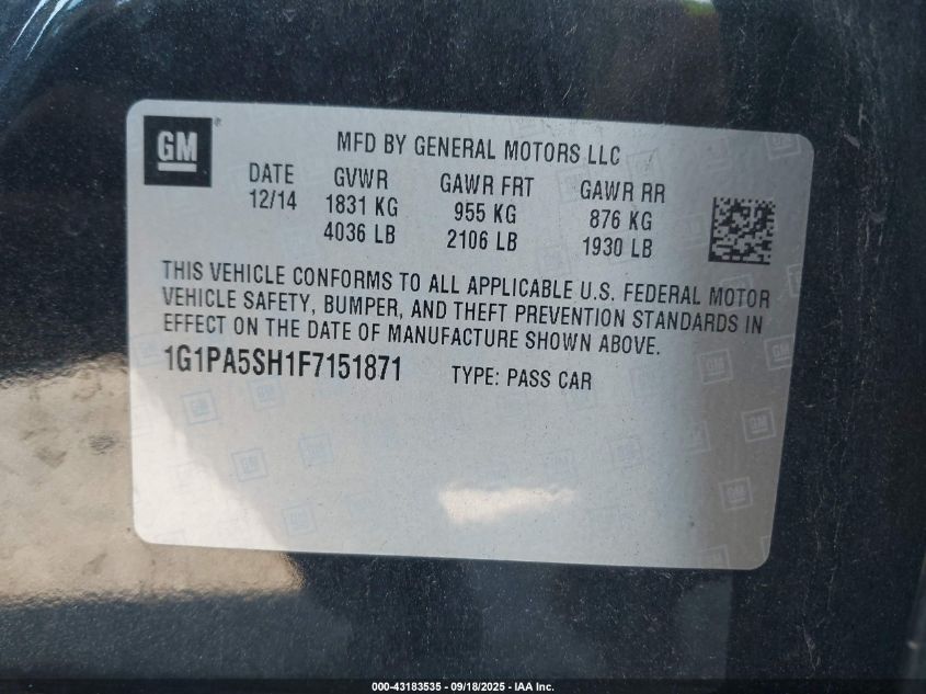 2015 Chevrolet Cruze Ls Auto VIN: 1G1PA5SH1F7151871 Lot: 43183535