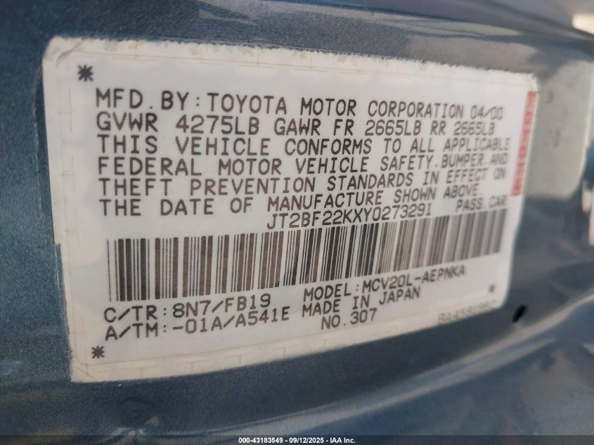 2000 Toyota Camry Le V6/Xle V6 VIN: JT2BF22KXY0273291 Lot: 43183549