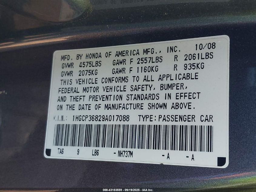 2009 Honda Accord 3.5 Ex-L VIN: 1HGCP36829A017088 Lot: 43183559