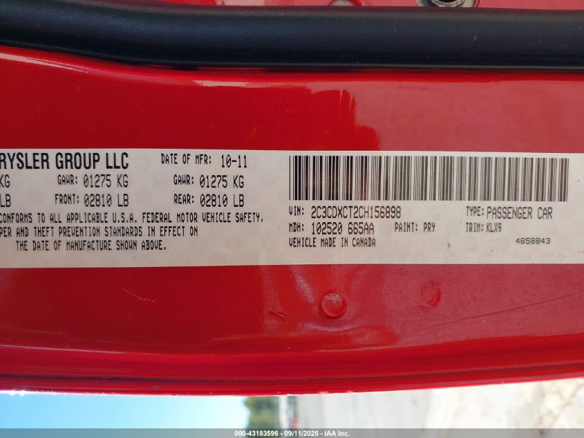 2012 Dodge Charger R/T VIN: 2C3CDXCT2CH156898 Lot: 43183596