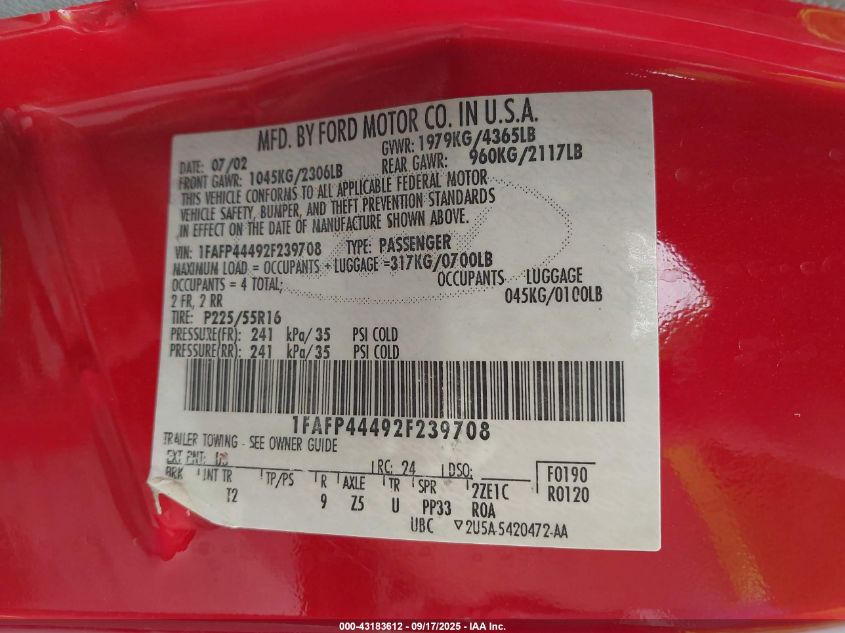 2002 Ford Mustang VIN: 1FAFP44492F239708 Lot: 43183612