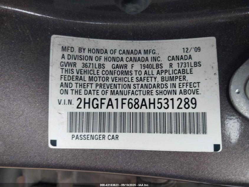 2010 Honda Civic Lx-S VIN: 2HGFA1F68AH531289 Lot: 43183623