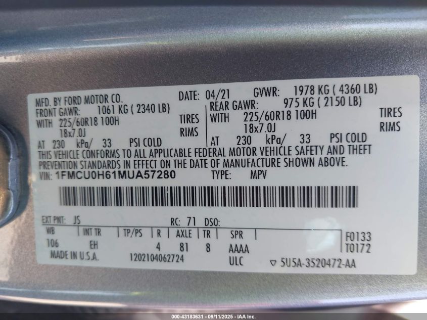 2021 Ford Escape Sel VIN: 1FMCU0H61MUA57280 Lot: 43183631